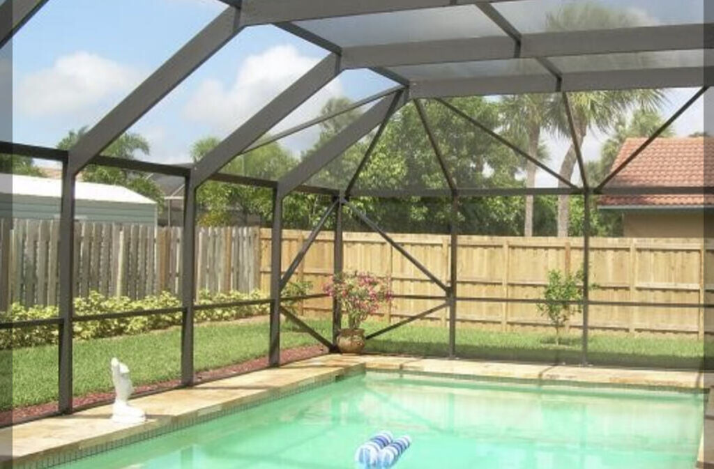  A pool cage can help solve this problem by enclosing your pool area with a durable screen 