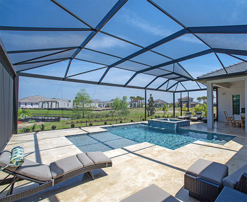 A photo of a beautiful lanai installation with a view of the surrounding landscape